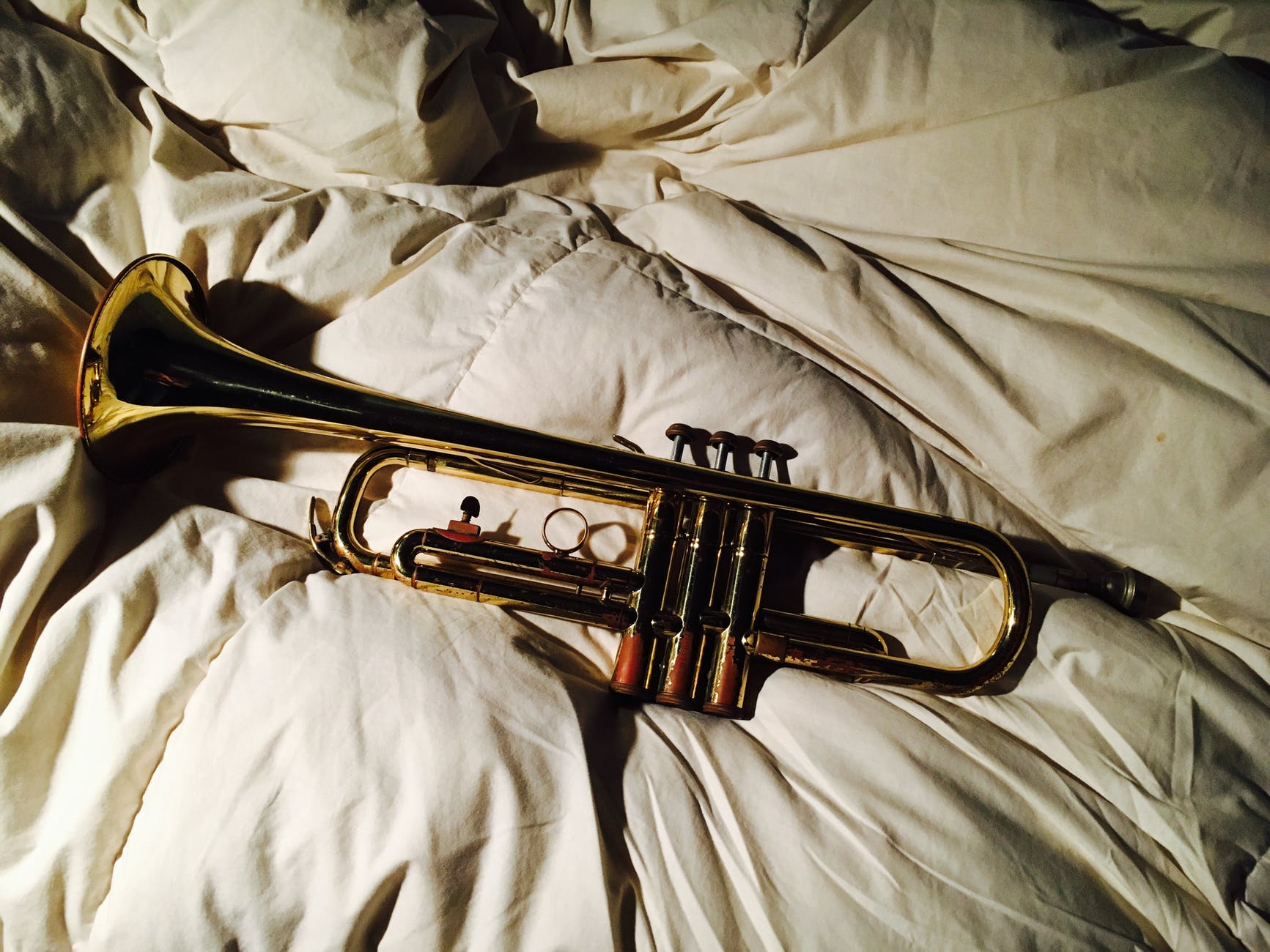gold trumpet on white cloth